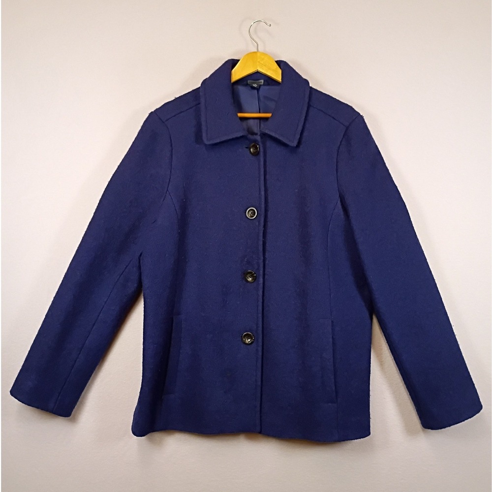 Classic Preppy Lands End Womens 16 Royal Blue Wool Blend Collared Car Coat